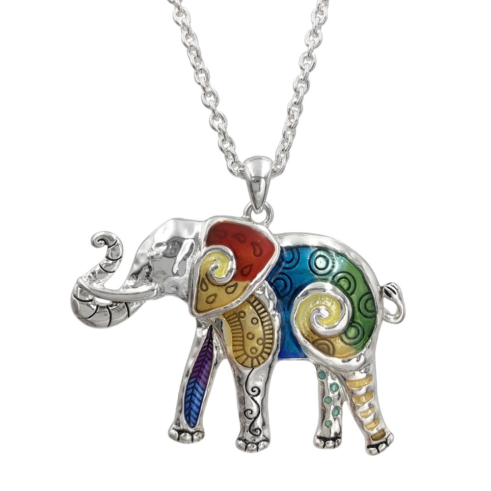 Multicolor Painted Elephant Long Silver Necklace